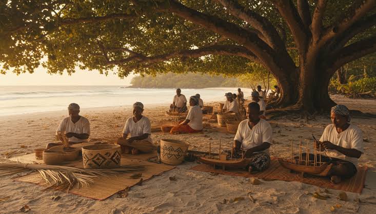 Seychellois artisans on a beach under large trees, creating traditional crafts and cultural items in a collaborative community setting