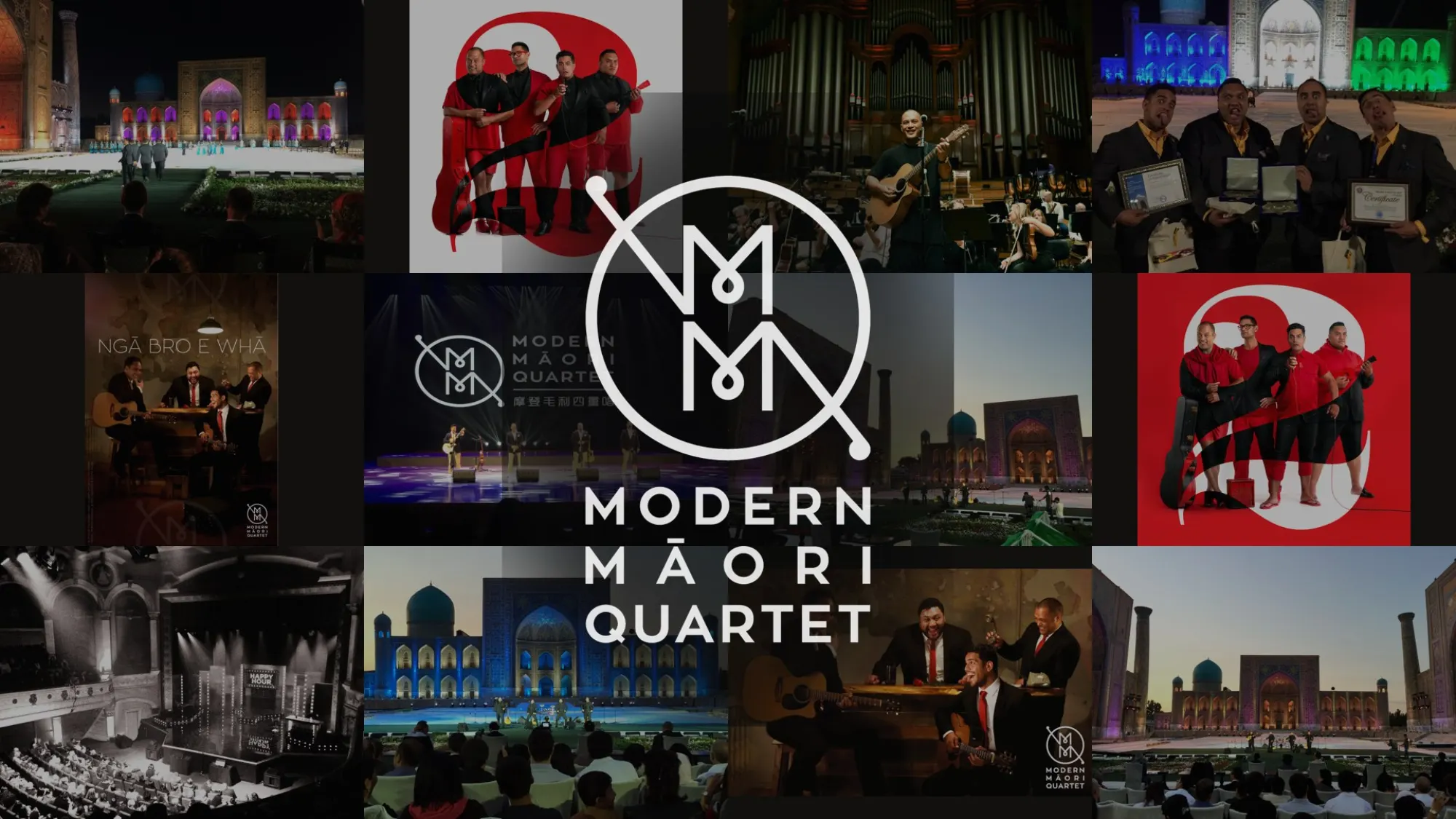 The Modern Māori Quartet across four continents — Sharq Taronalari in Samarkand, Auckland Town Hall with the NZSO, and the group's show posters