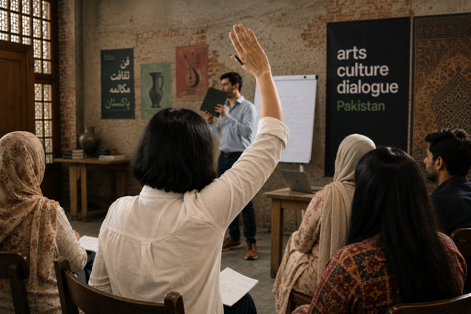 UNESCO 'Arts · Culture · Dialogue Pakistan' workshop — a participant raises her hand during a session